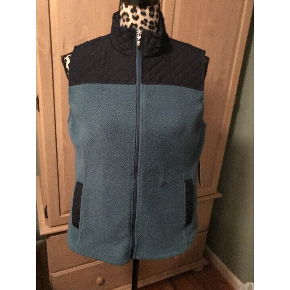 Women Petite PM Croft & Barrow Blue Teal Quilted Vest Zip NWT fleece Pockets